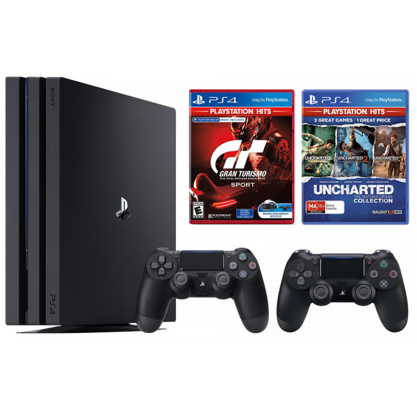 Sony PlayStation 4 Pro Console 4K Resolution + Grand Turismo Sport + Uncharted Collection HITS  + 2 