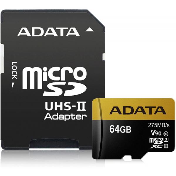ADATA 64GB microSDHC Premier ONE 64GB SDXC UHS-II U3 Class10 V90 3D NAND 4K 8K Ultra HD 275MB / s Micr