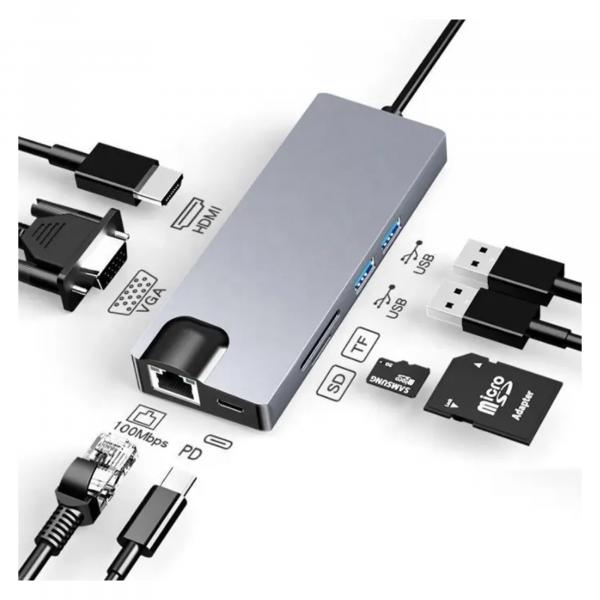 Power Box Hub Type C Hub to USB3.0*2 SD / TF PD RJ45 1000mbps VGA HDMI 8 in 1 hub