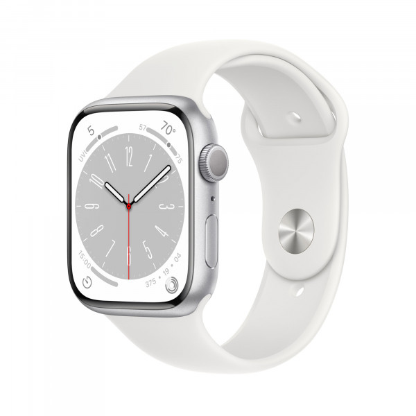 Apple Watch S8 GPS 45mm Silver Aluminium Case with White Sport Band - Regular